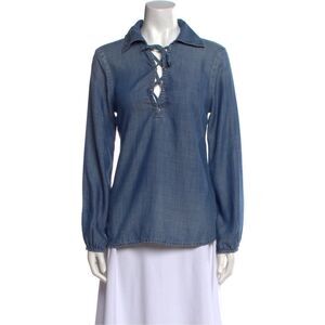 FRAME Blue Denim Lace-Up Long Sleeve Blouse Women’s XS